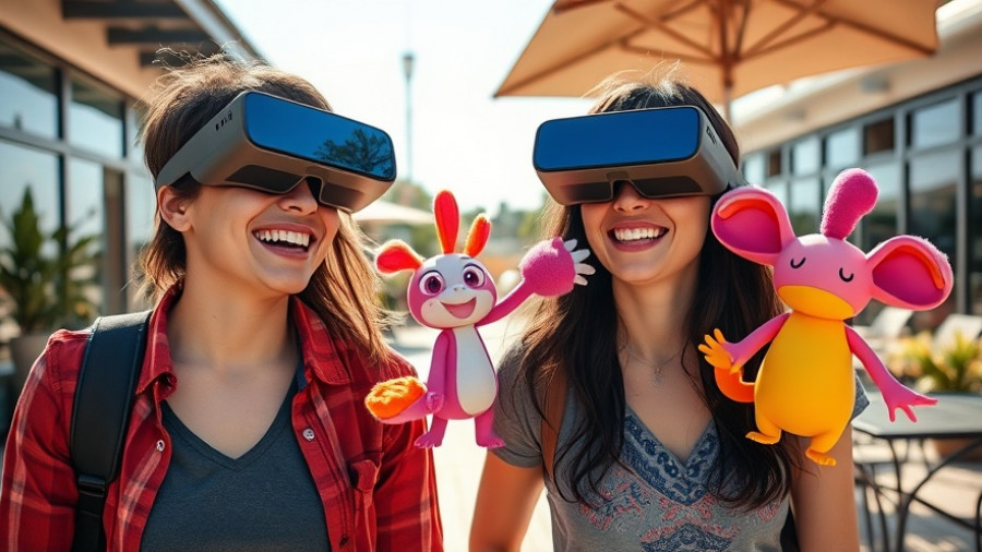 People using augmented reality glasses outdoors with virtual creatures.