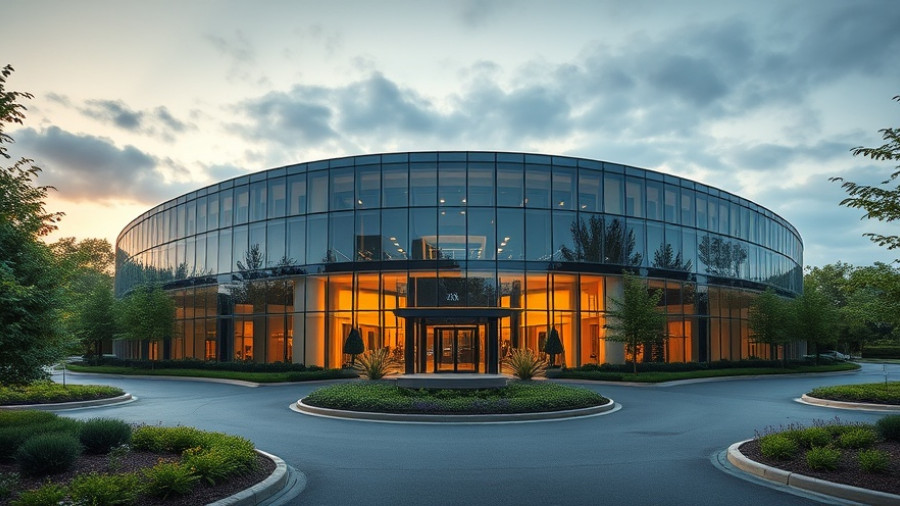 AI in drug discovery office building, evening glow.