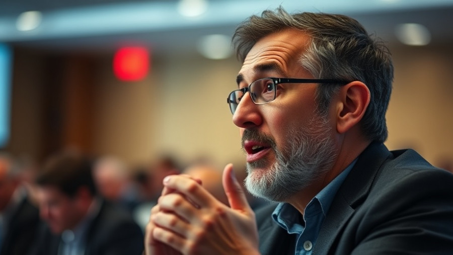 Middle-aged man passionately speaking at Disrupt conference.