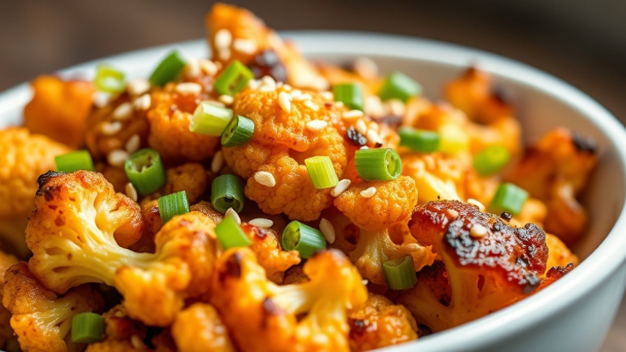 Gochujang cauliflower in a white bowl garnished with sesame and onions.
