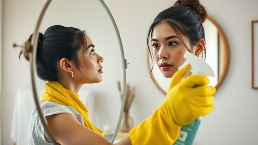 Young woman cleaning a mirror in a healthy clean home environment.