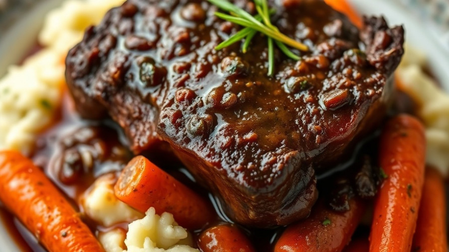 Red Wine Braised Short Ribs on mashed potatoes, close-up.