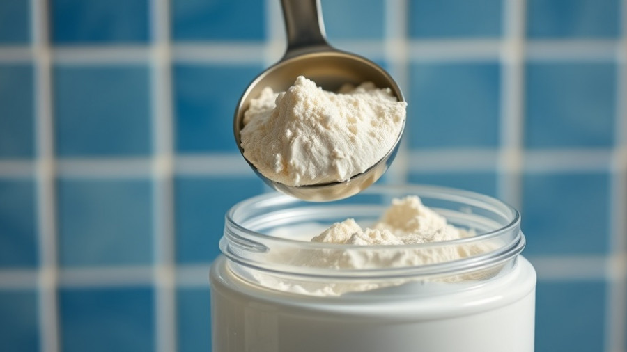 Scoop of protein powder above container; lead levels in protein powders topic.