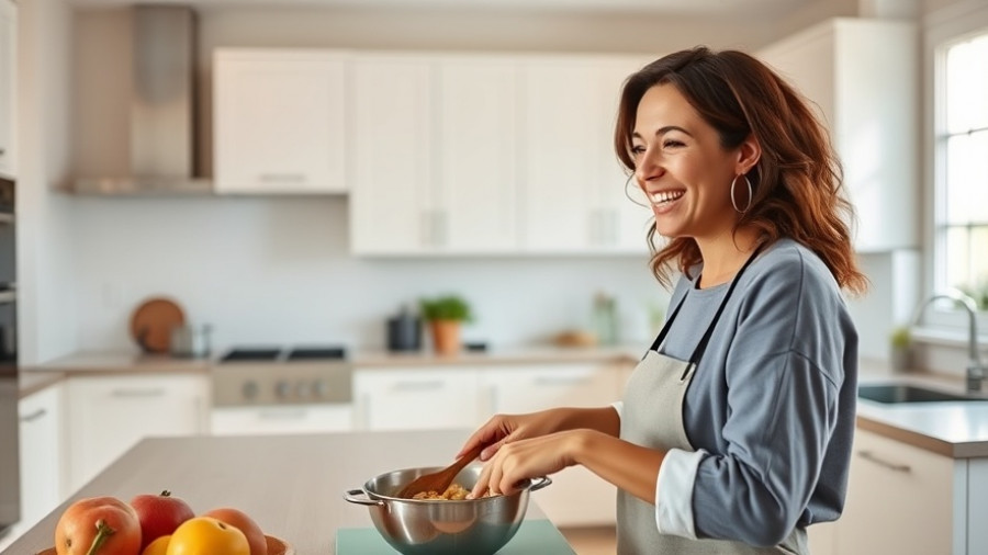 Elegant woman cooking in a modern kitchen, highlighting kitchen essentials for healthy cooking.