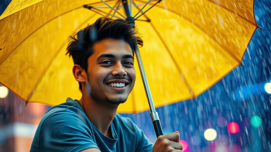 Navigating the full spectrum of emotion: man under colorful rain.