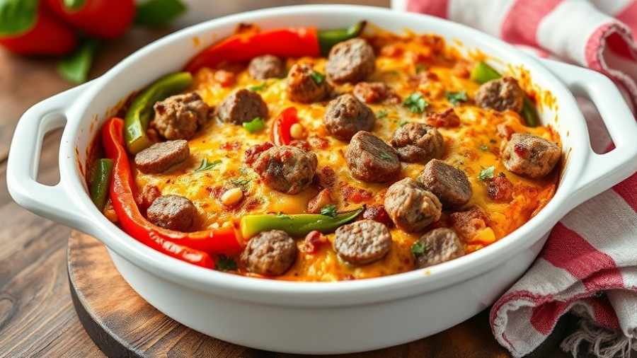Low-carb no-egg breakfast casserole with peppers and sausage.