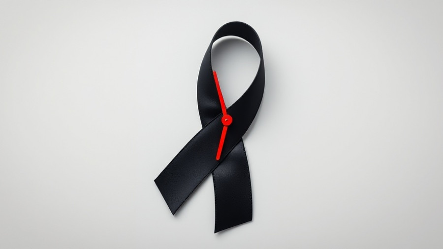 Black awareness ribbon with red clock hand symbolizing anticipatory grief.