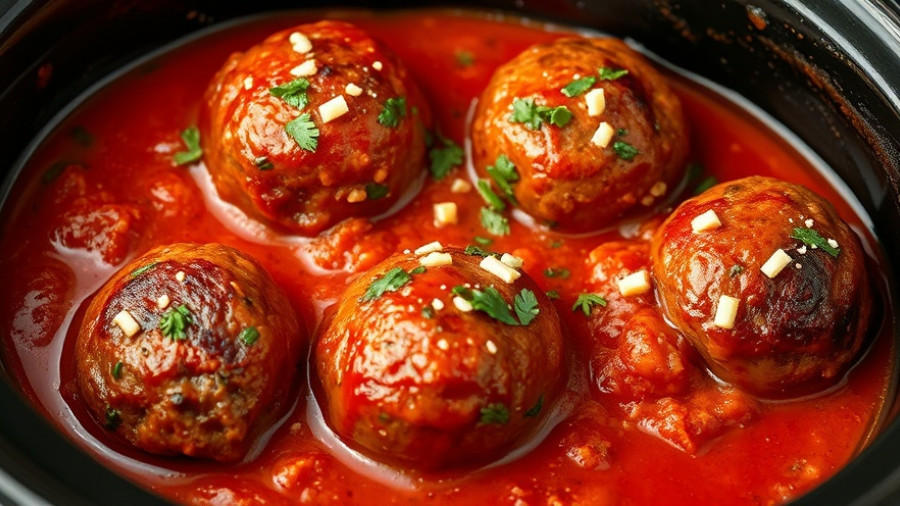 Savory crockpot meatballs in red sauce, garnished with herbs.