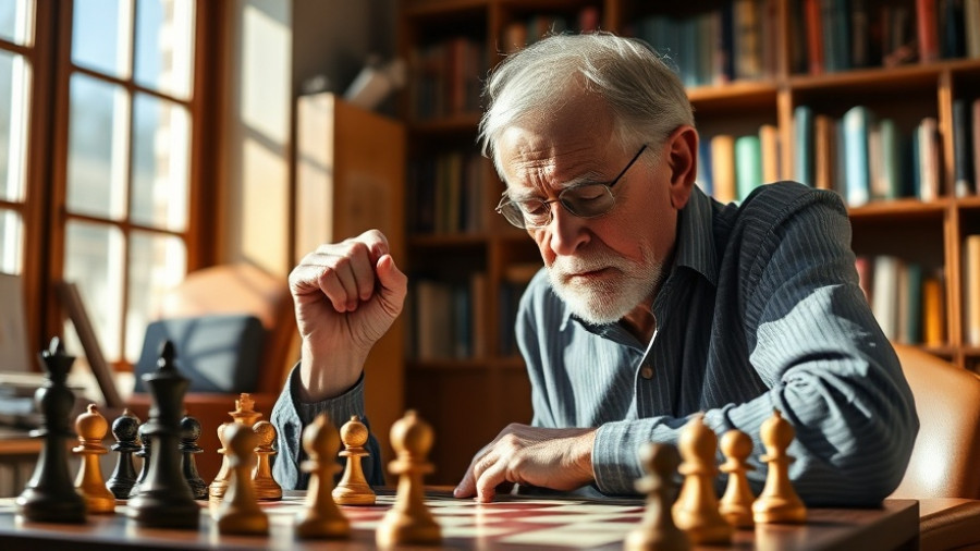 Elderly man engaging in intense mental exercise with chessboard.
