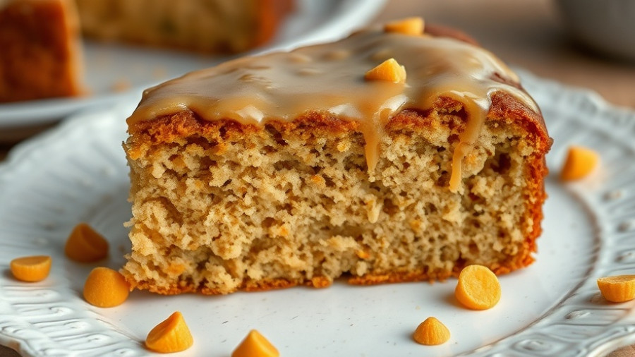Slice of salted butterscotch zucchini coffee cake on a plate.