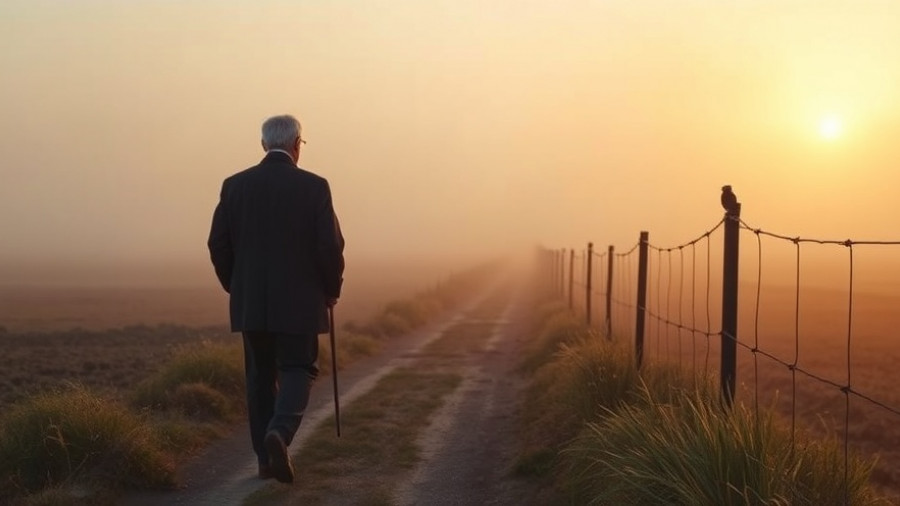 Elderly man on a foggy path at sunrise, life wake-up calls theme.