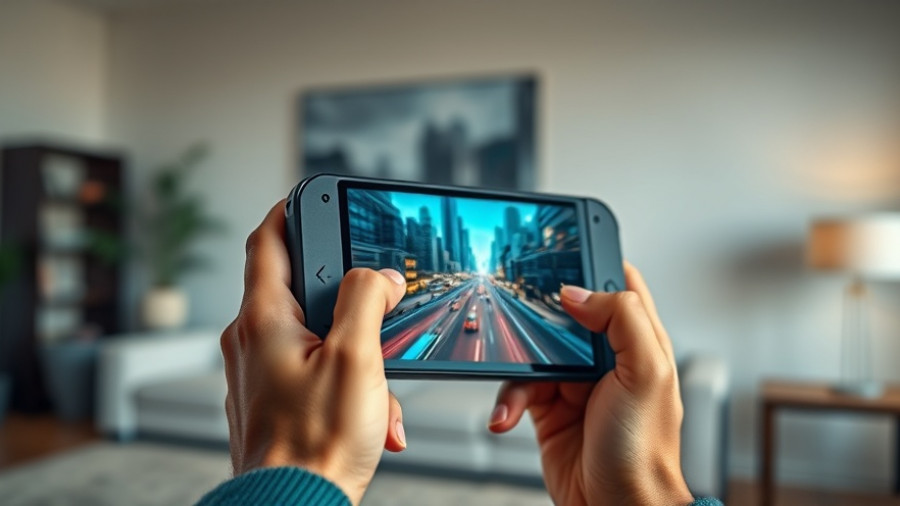 Hands holding a portable gaming device with action game, Gaming Copilot AI gaming assistant.