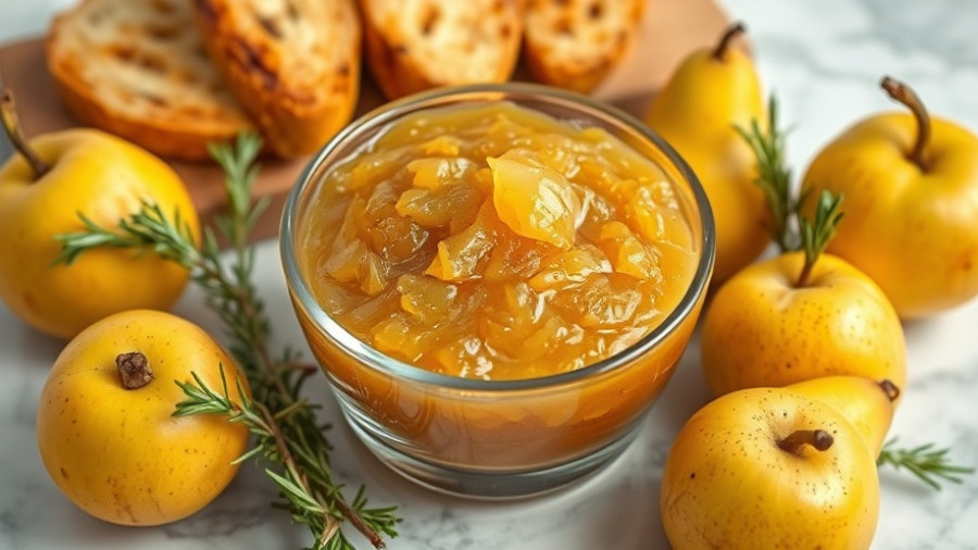 Homemade pear preserves with pears and rosemary setting.