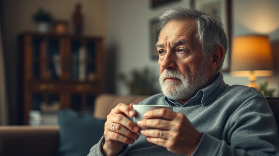 Elderly man experiencing a moment of contemplation in a warm setting.