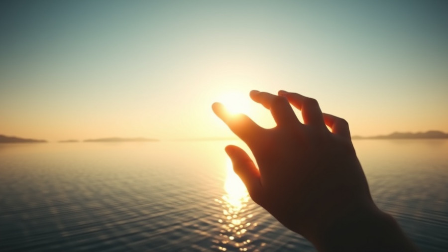 Hand reaching toward sunrise over water, symbolizing letting go for personal growth.