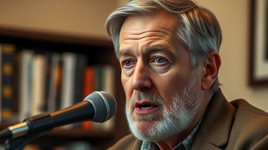 Middle-aged man speaking on pursuing happiness in a tech-driven world.