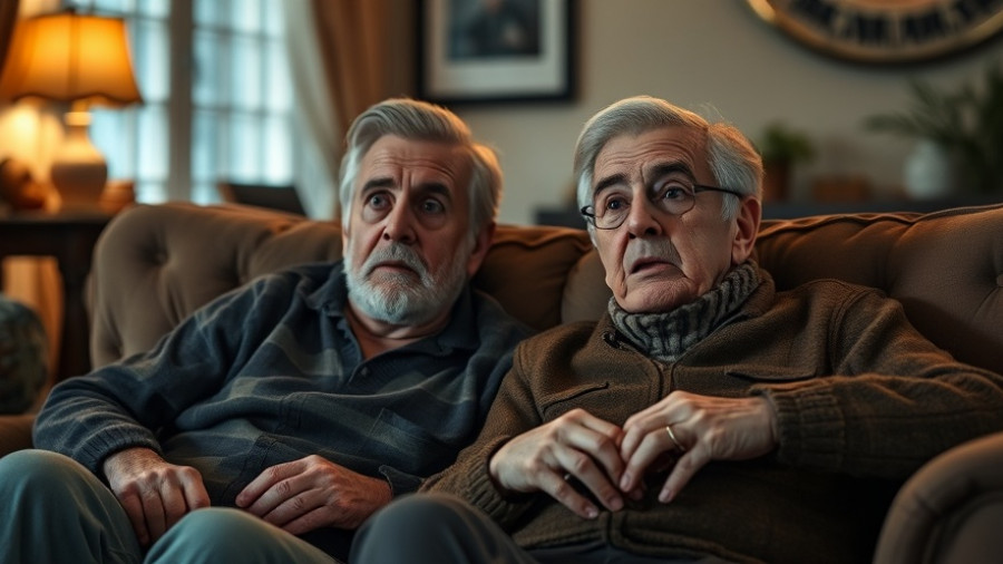 Older couple experiencing the biggest scares in cinema, frightened on couch.