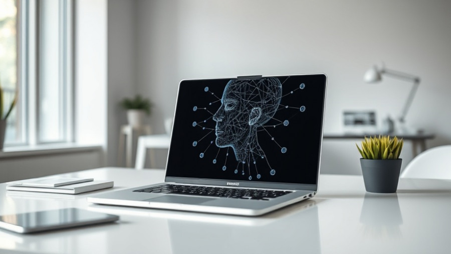 Laptop showing abstract face for AI risks and ethical considerations.