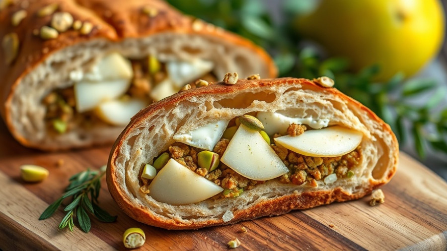 Close-up of pistachio pear and brie stuffed sourdough bread on wooden board.