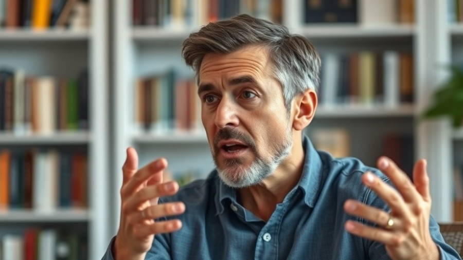 Expressive middle-aged man discussing workplace drama, indoors.