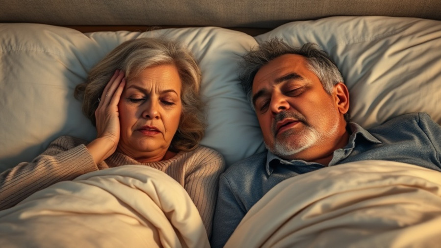 Older couple experiencing sleep disruption with partner; one is disturbed by snoring.