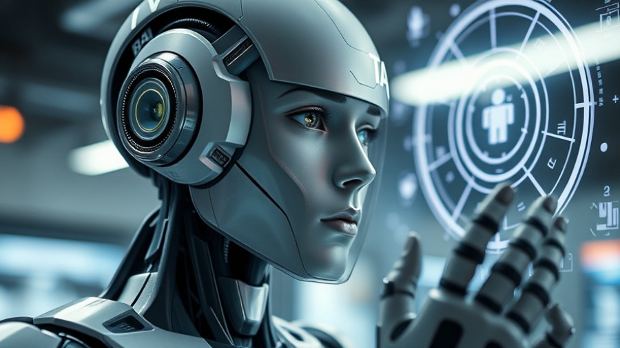 Futuristic robot with AI hologram in a lab showcasing quantum neural tech.