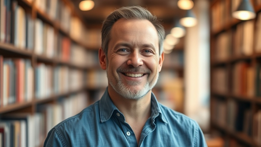 Middle-aged man smiling in a library, remastering healthcare data context.