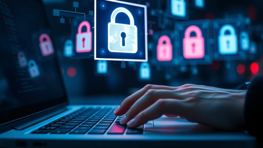 Cyber security threats with floating padlocks and typing hand.