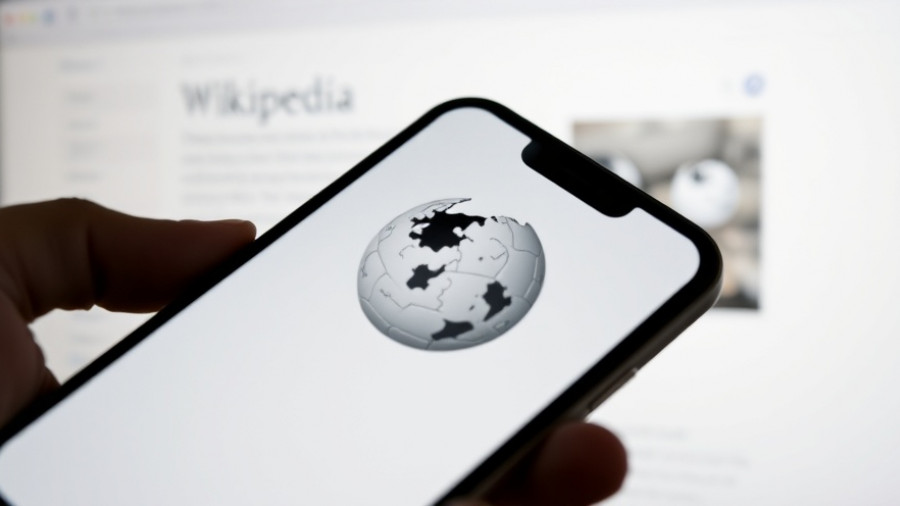 Wikipedia logo on a smartphone with blurred webpage, highlighting traffic decline issue.