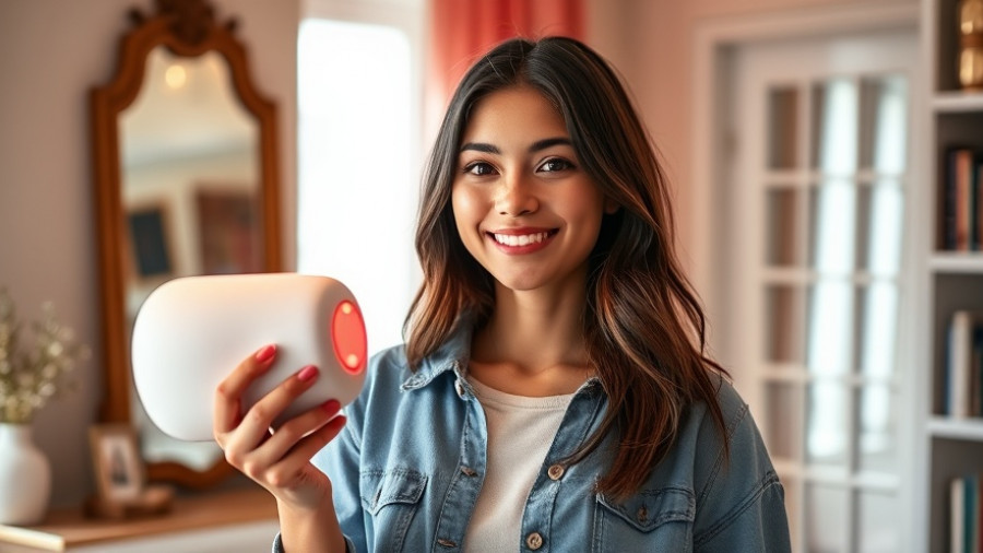 Young woman using Red Light Therapy at Home, holding devices with a smile.