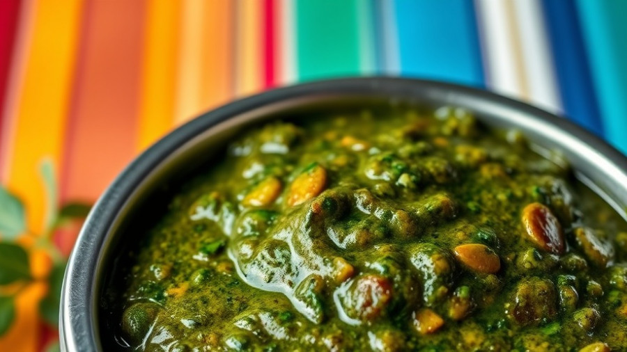 Chermoula sauce for vegetables in a metal bowl on striped napkin.