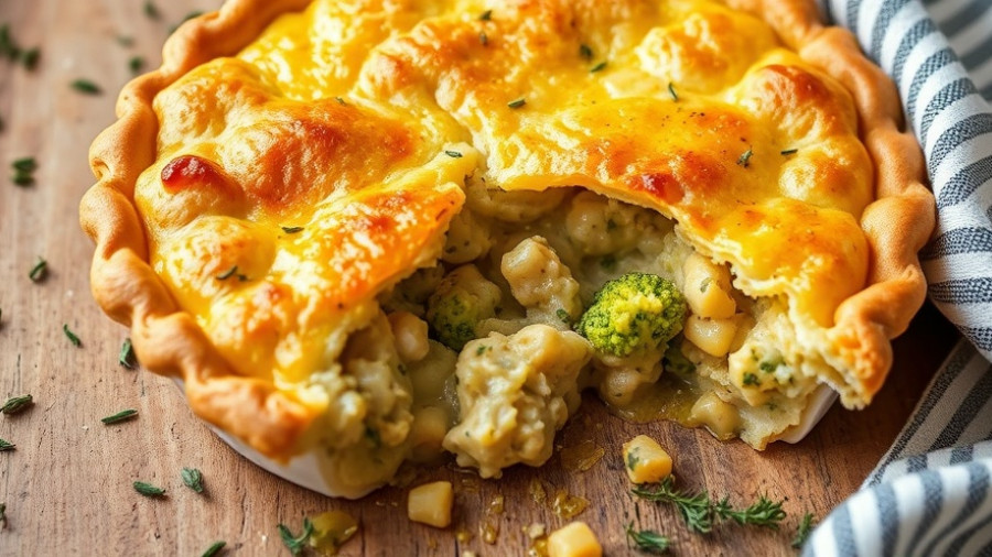 Cheddar broccoli chicken pot pie with flaky crust in skillet.