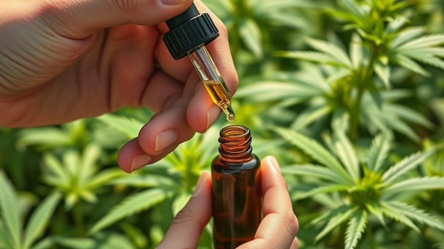 Hands with cannabis oil dropper by plant leaves for back pain treatment.