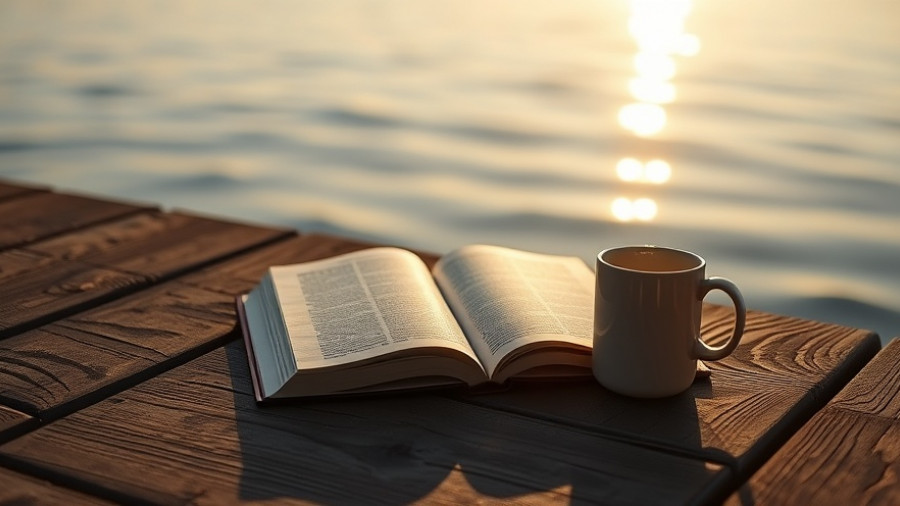Serene morning with an open book and mug by a lake, illustrating essential daily habits for personal growth.