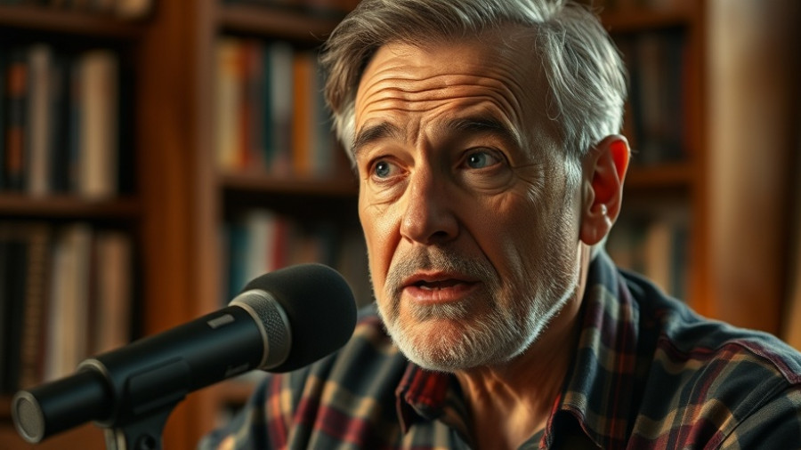 Man in personal study discussing topics passionately, self-delusion in technology.