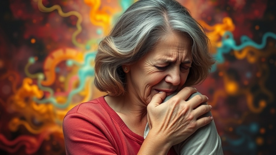 Middle-aged woman depicting frozen shoulder in midlife grief, vibrant surreal art.