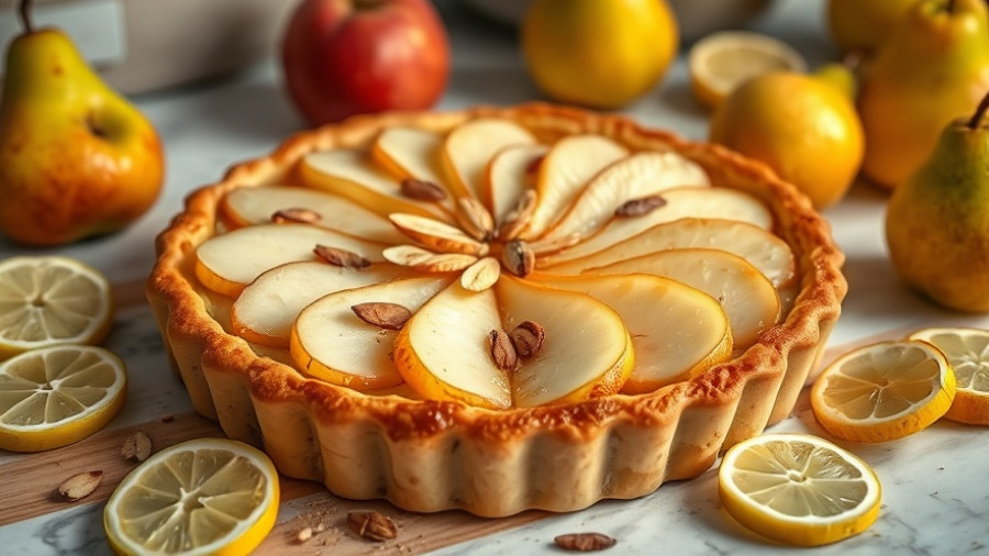 Quick and easy pear tart with almonds and lemons.