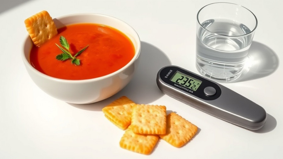 Minimalist setup with tomato soup, crackers, glass of water, thermometer on white surface related to 'Feed a Cold, Starve a Fever'.