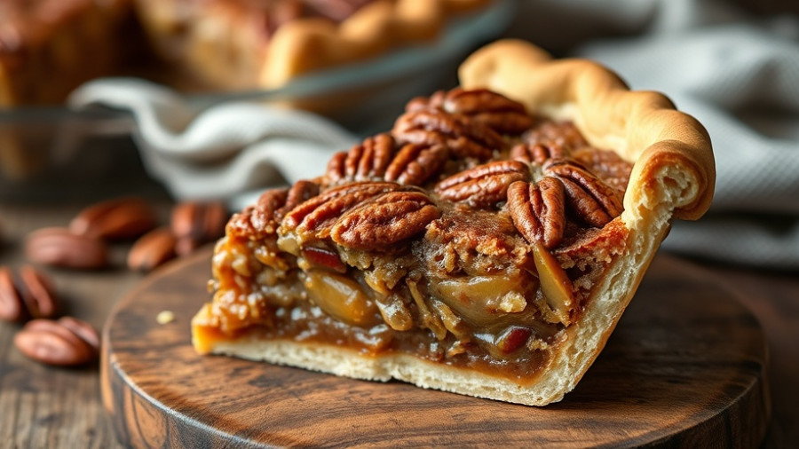 Bourbon pecan pie recipe with slice showing rich texture.