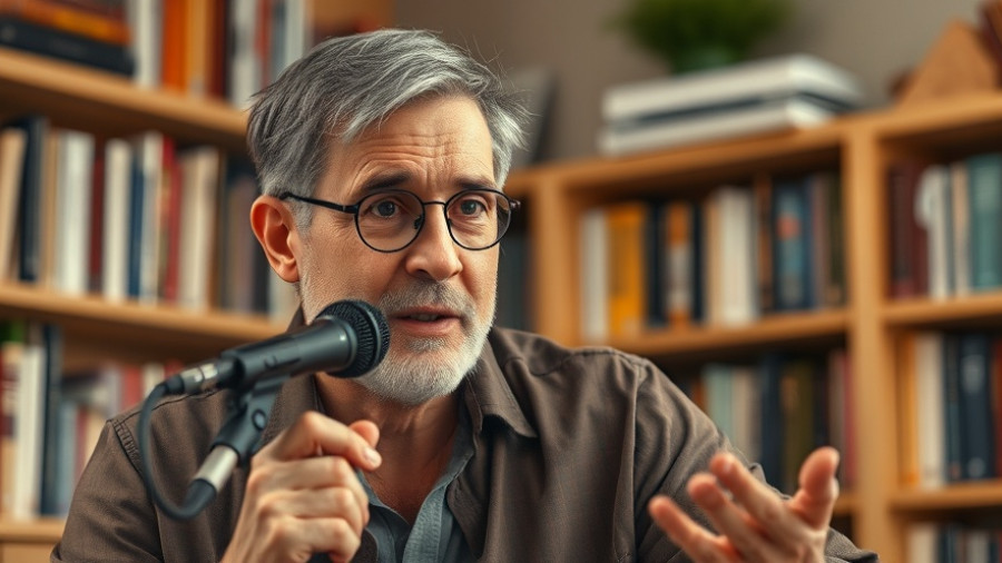 Middle-aged man speaking into a microphone, discussing differences between a boss and a leader.