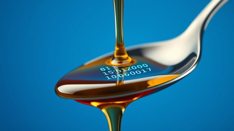 Futuristic spoon with digital code syrup dripping, AI models brain rot concept.