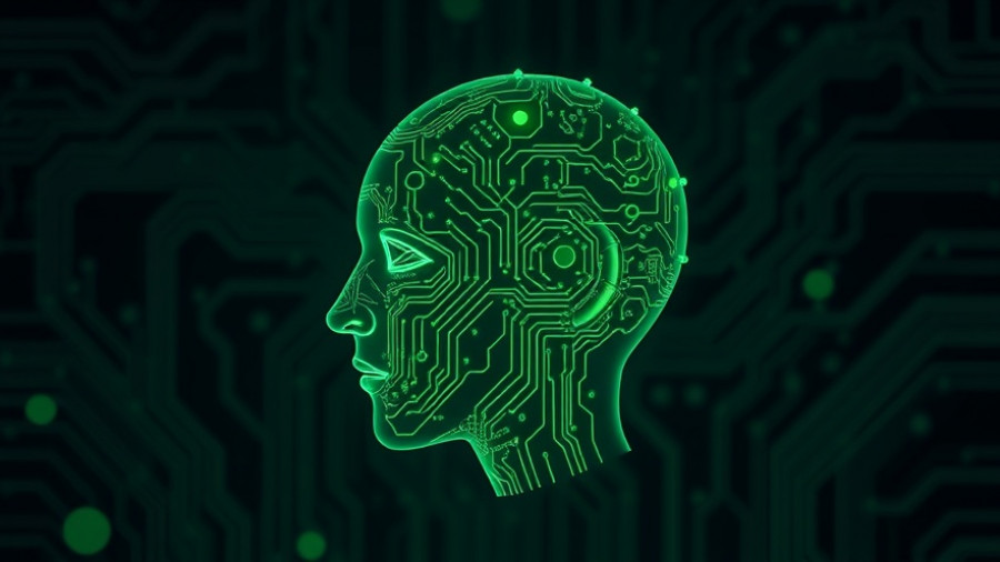 Futuristic AI hologram head with circuits glowing in dim light.