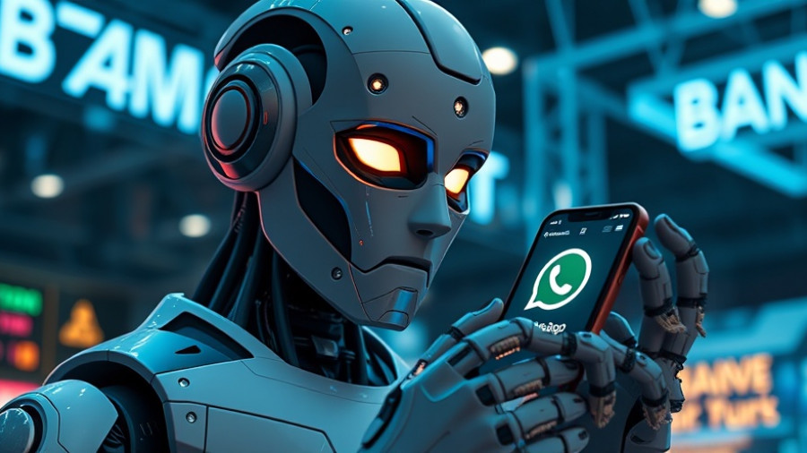 WhatsApp Banking in Brazil concept with robot and smartphone display.