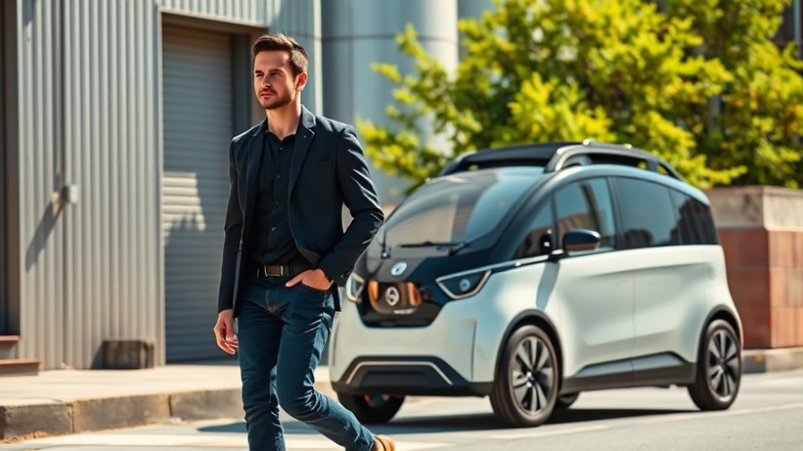 Man in blazer near Tesla autonomous vehicle in urban setting