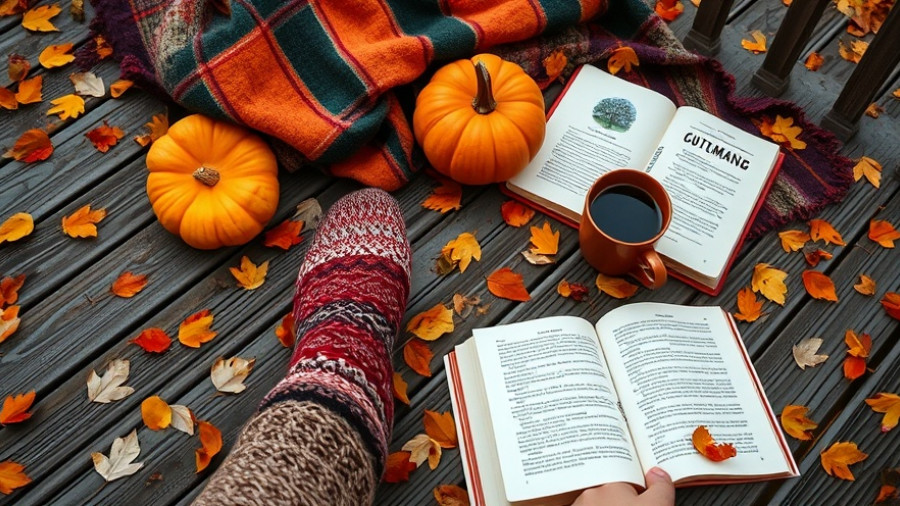 Cozy autumn scene for seasonal rituals for wellbeing on a wooden deck.