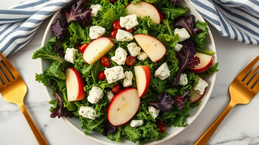 Massaged Kale Salad Recipe with apples and feta cheese on marble