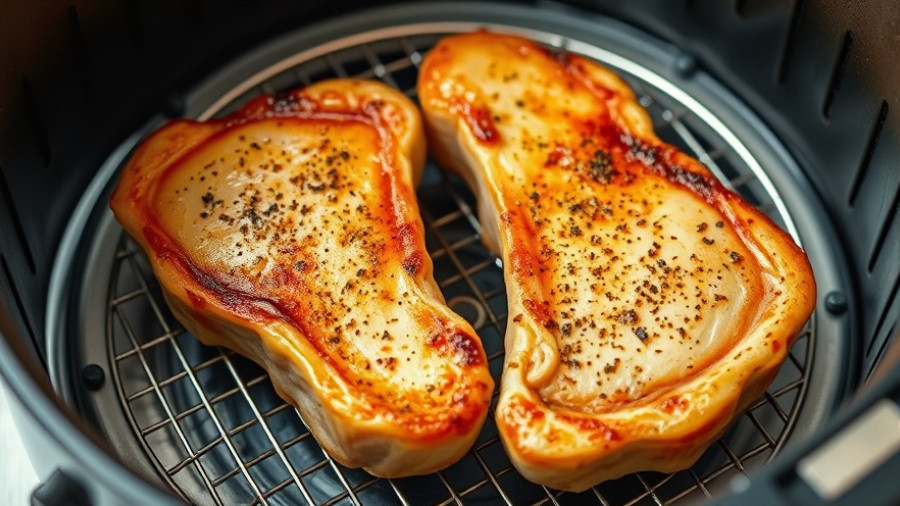 Golden-brown air fryer pork chops on a rack showcasing texture.