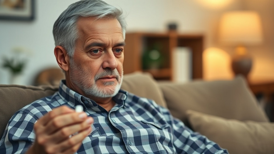 Middle-aged person considering antidepressant pills, highlighting side effects.