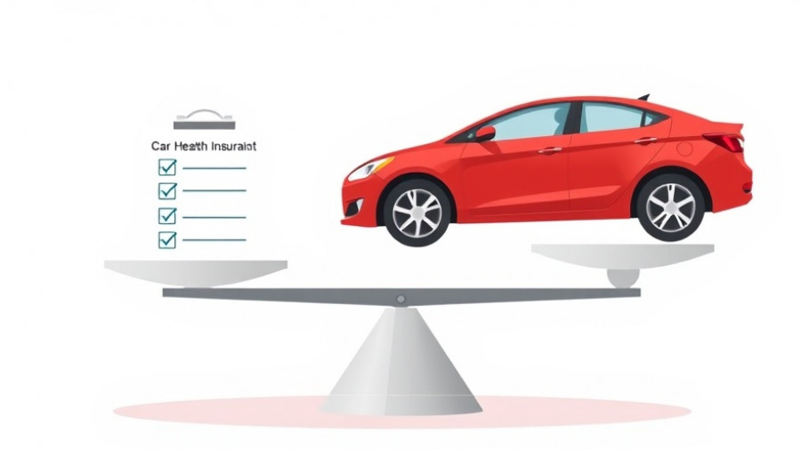 Balance scale with car and medical checklist representing family health insurance costs.