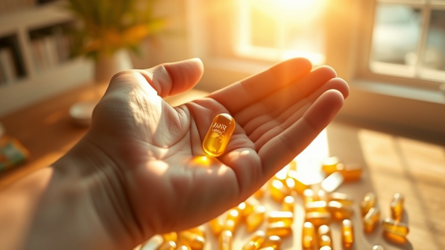 Vitamin D capsule in hand under sunlight reflecting anti-aging benefits.